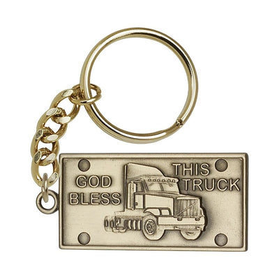 Gold Tone God Bless This Semi-Trailer Truck Key Chain, Made in USA, Bliss Manufacturing