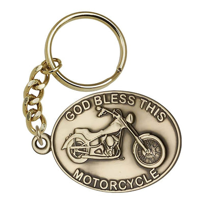 Gold Tone God Bless this Motorcycle Key Chain, Made in USA, Bliss Manufacturing