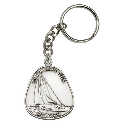 Pewter God Bless This Sailboat Key Chain, Made in USA, Bliss Manufacturing