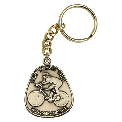 Gold Tone God Bless This Mountain Bike Key Chain, Made in USA, Bliss Manufacturing