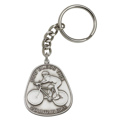 Pewter God Bless This Mountain Bike Key Chain, Made in USA, Bliss Manufacturing