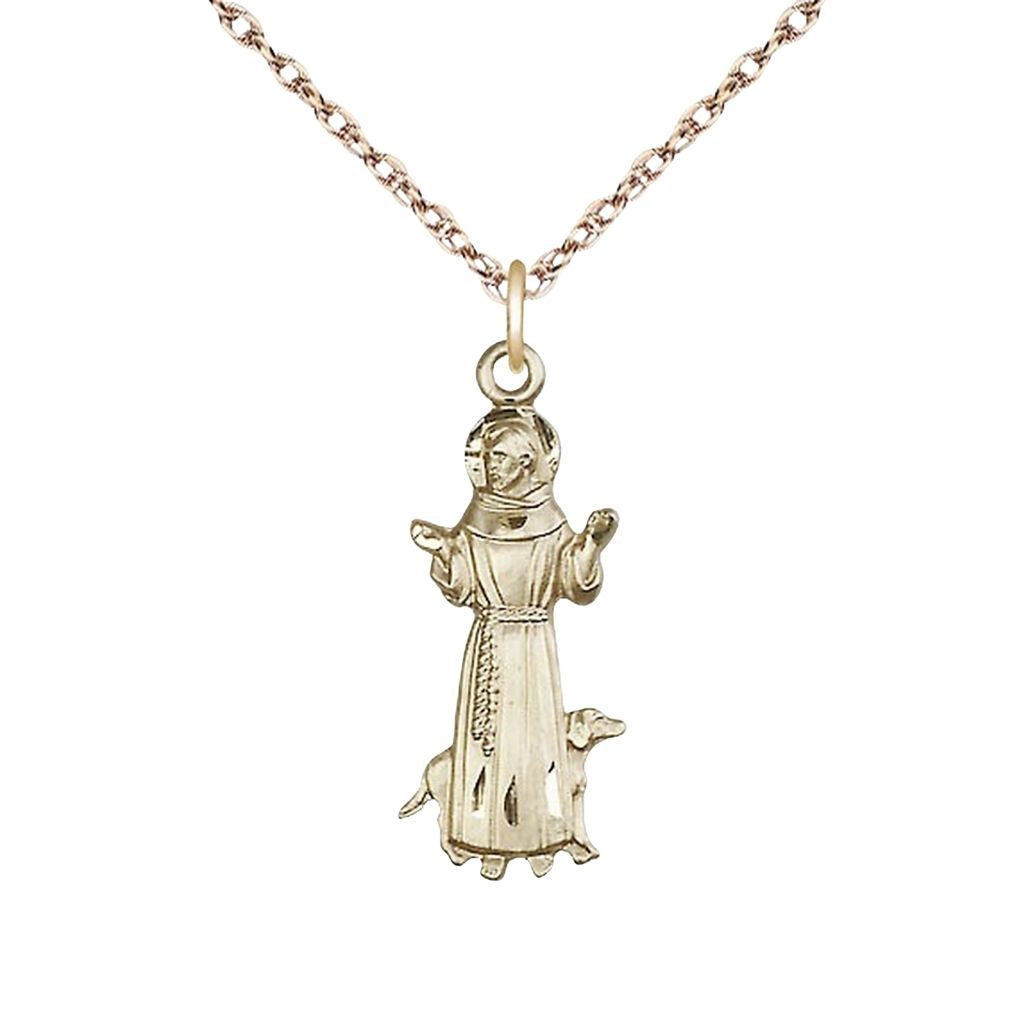 Bliss St. Francis of Assisi Figure 14kt Gold-filled Pendant with Gold-filled Light Rope Chain, Measures 1-inch tall by 3/8 - inch wide
