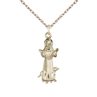 St. Francis of Assisi Figure 14kt Gold-filled Pendant with Gold-filled Light Rope Chain, Measures 1-inch tall by 3/8 - inch wide, Bliss Manufacturing