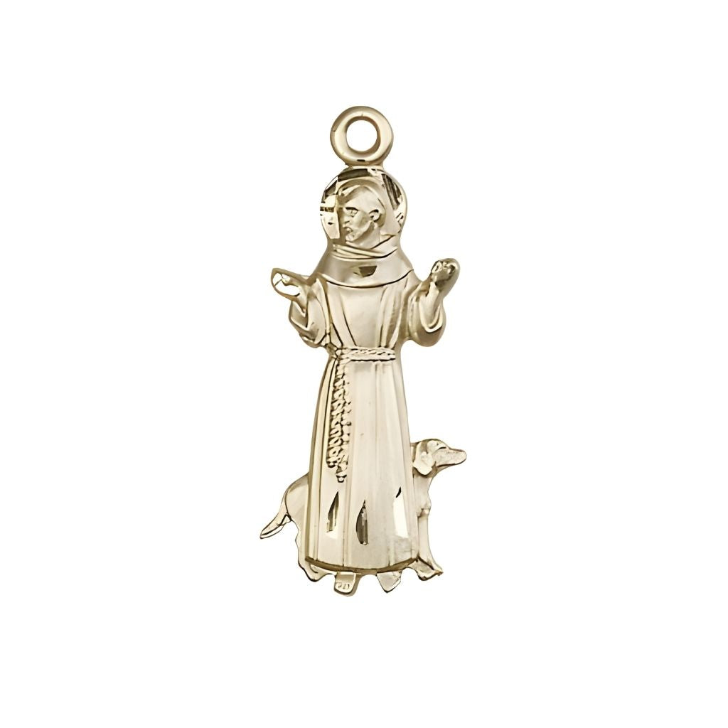 Bliss St. Francis of Assisi Figure 14kt Gold Pendant, Measures 1-inch tall by 3/8 - inch wide