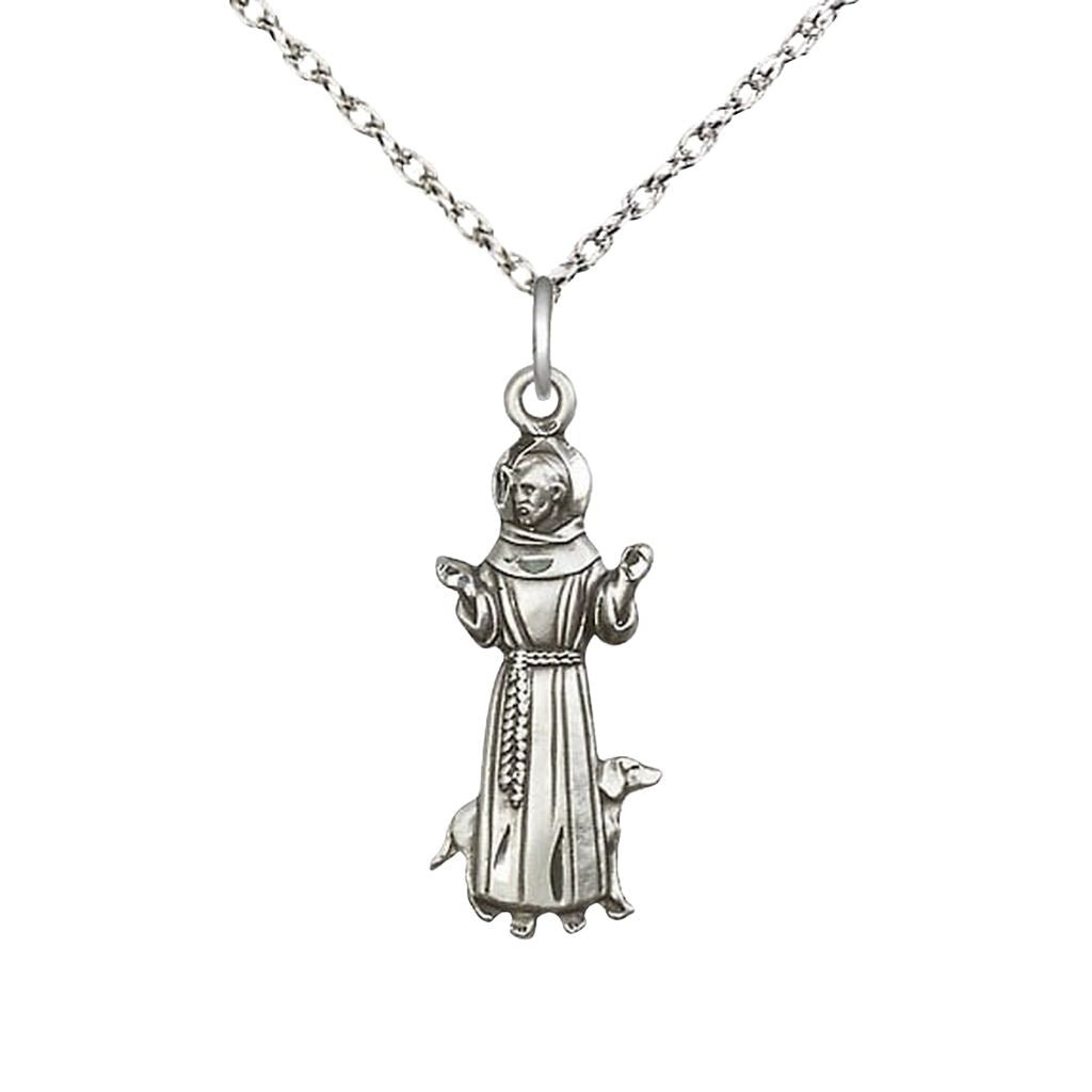 Bliss St. Francis of Assisi Figure Sterling Silver Pendant with Sterling Light Rope Chain, Measures 1-inch tall by 3/8 - inch wide