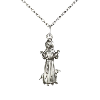 St. Francis of Assisi Figure Sterling Silver Pendant with Sterling Light Rope Chain, Measures 1-inch tall by 3/8 - inch wide, Bliss Manufacturing