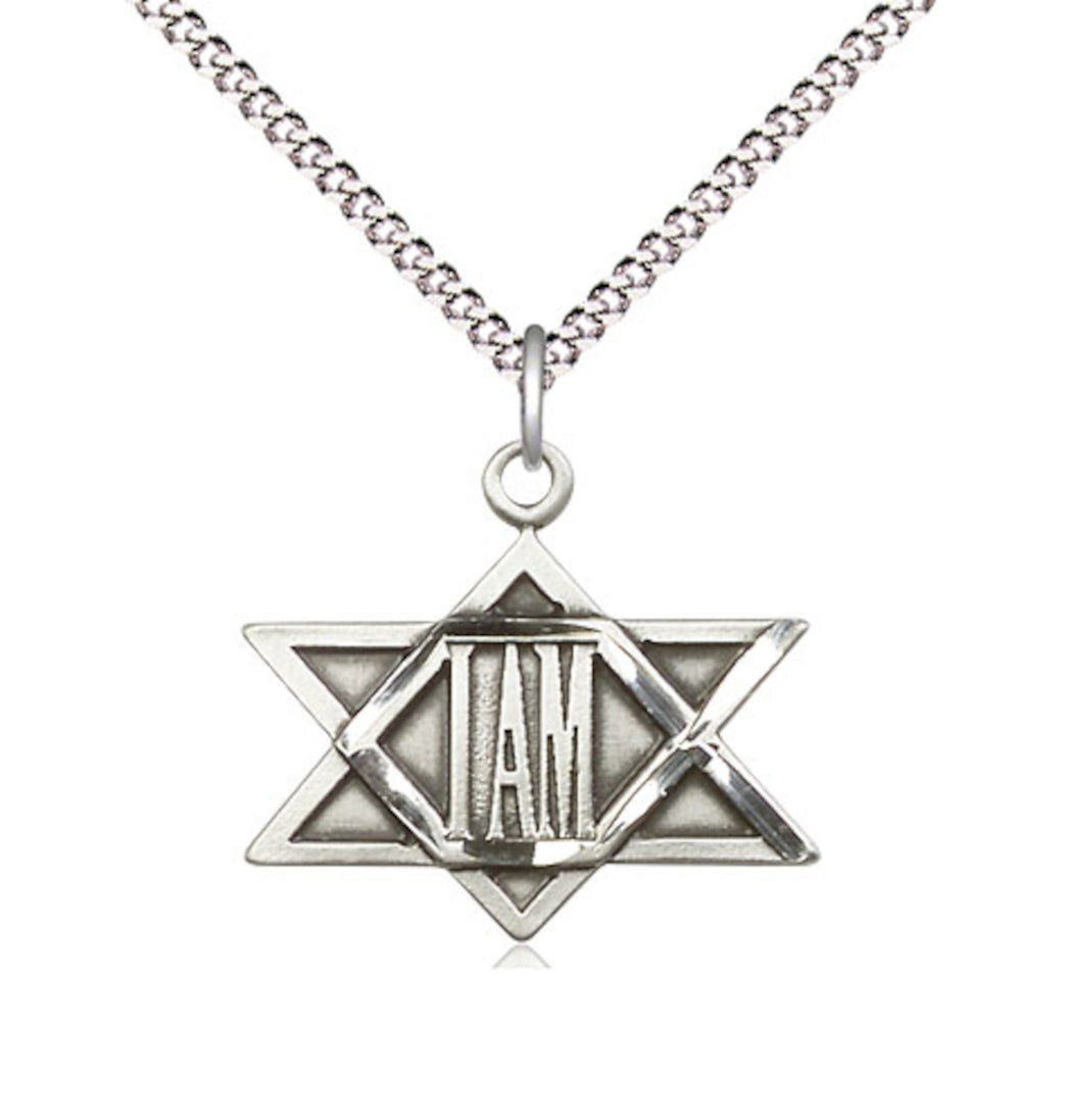 Bliss Sterling Silver I Am / Star of David Pendant on a 18 inch Light Rhodium Light Curb Chain,