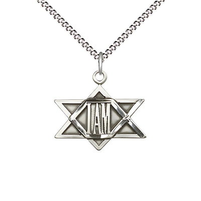 Sterling Silver I Am / Star of David Pendant on a 18 inch Rhodium-plated Light Curb Chain, 3/4-inch tall by 3/4 - inch wide, Bliss Manufacturing