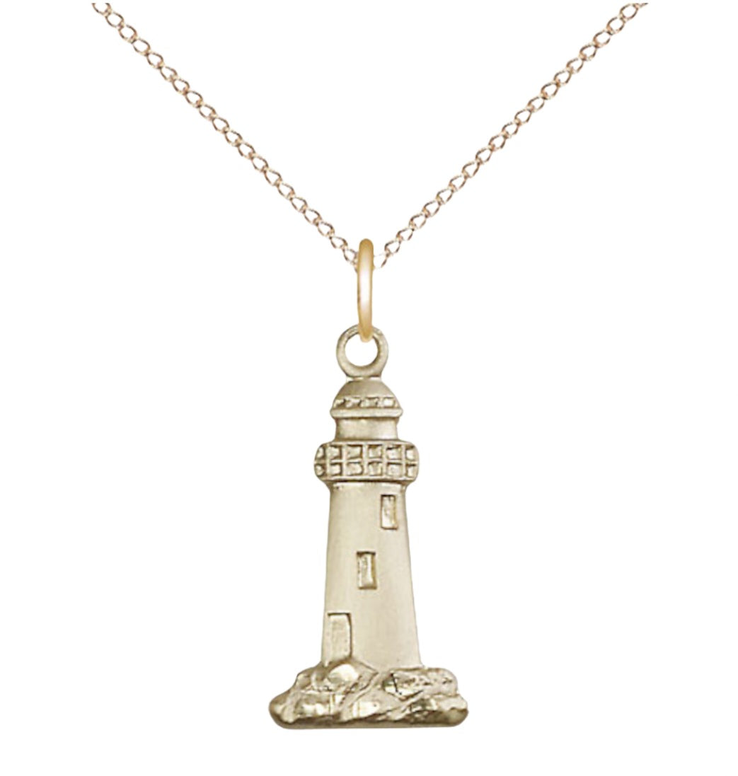 Bliss 14kt Gold Filled Lighthouse Pendant on a 24 inch Gold Filled Light Curb Chain,