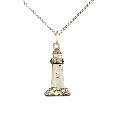 14kt Gold Filled Lighthouse Pendant on a 24 inch Gold Filled Light Curb Chain, Bliss Manufacturing