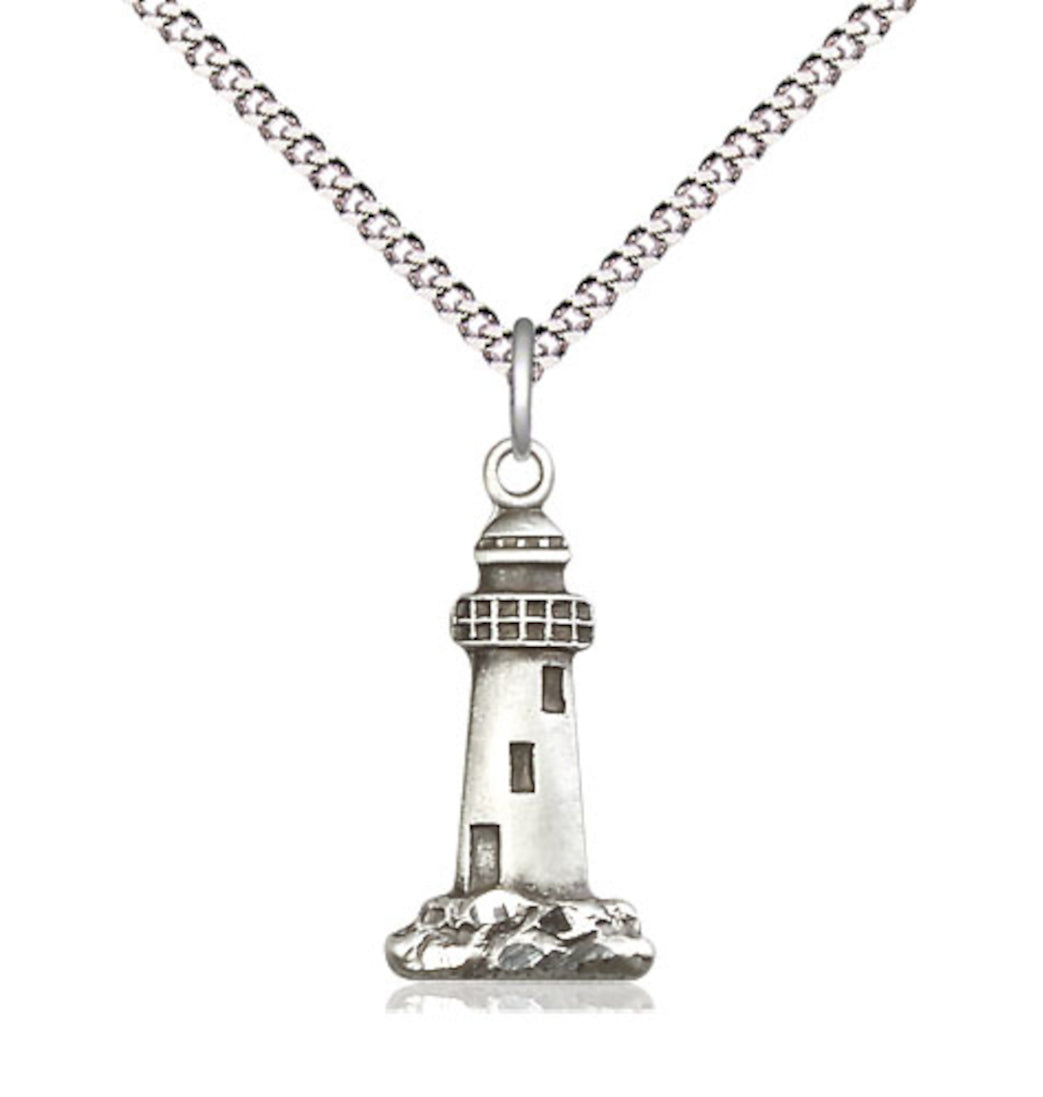 Bliss Pewter Lighthouse Pendant on a 18 inch Light Rhodium Light Curb Chain,