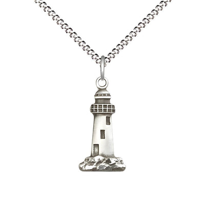 Pewter Lighthouse Pendant on a 18 inch Light Rhodium Light Curb Chain, Bliss Manufacturing