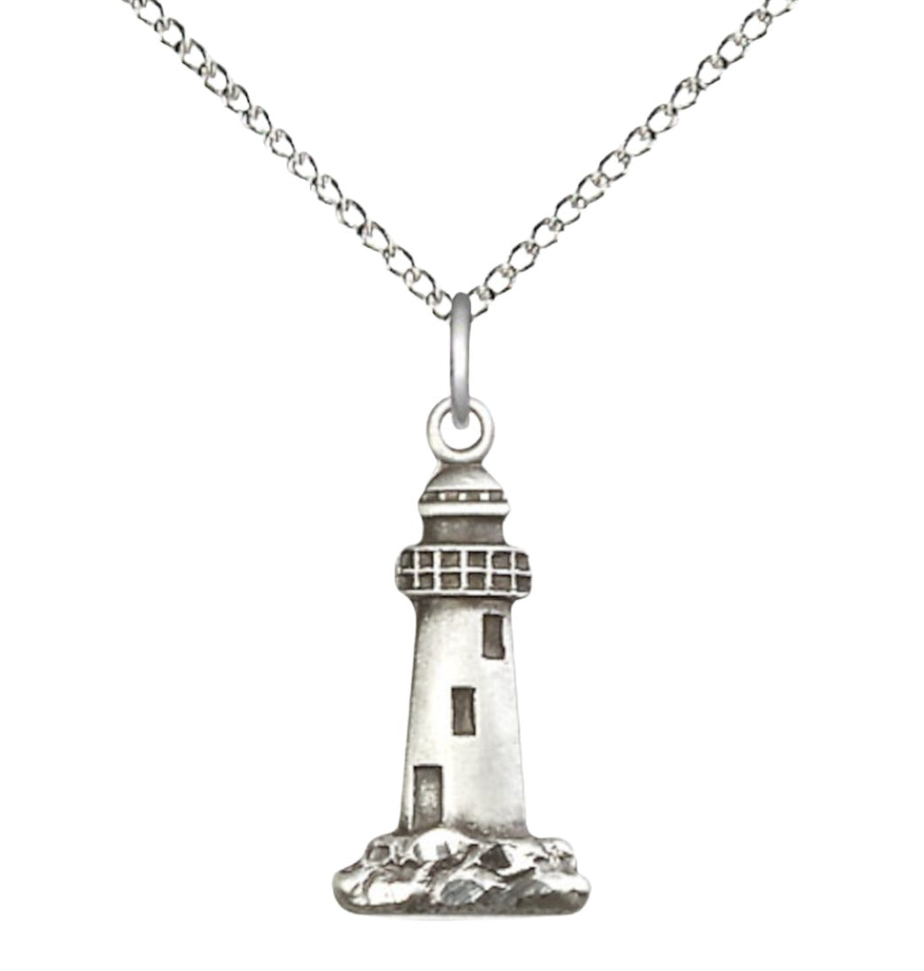 Bliss Sterling Silver Lighthouse Pendant on a 18 inch Sterling Silver Light Curb Chain,