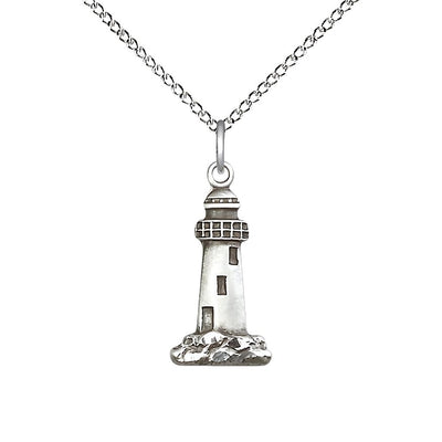 Sterling Silver Lighthouse Pendant on a 18 inch Sterling Silver Light Curb Chain, Bliss Manufacturing