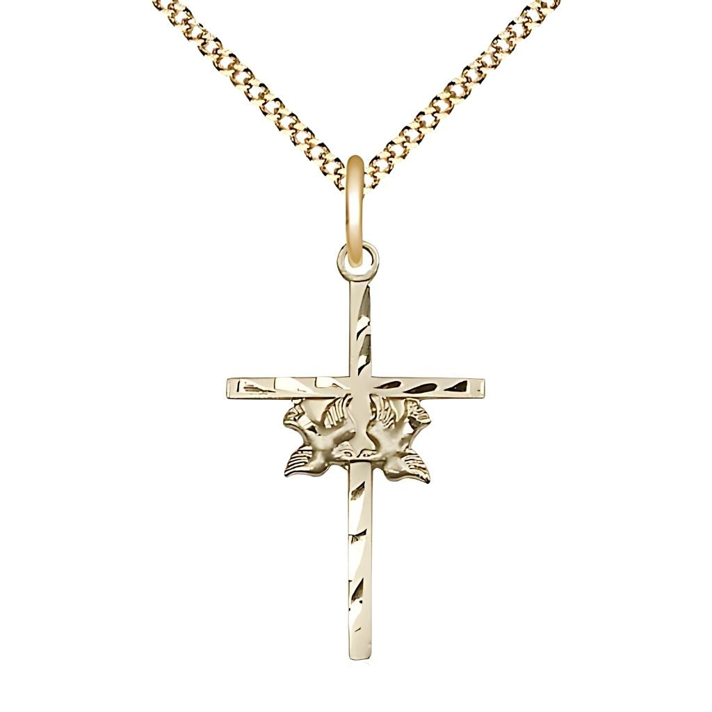 Bliss Two Dove Cross 14kt Gold-filled Medal Necklace with Gold-plated Light Curb Chain, Medal Measures 1-inch tall by 5/8-inch wide
