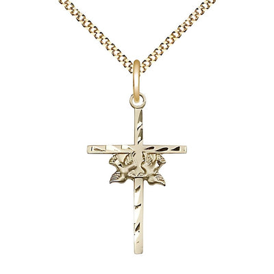 Two Dove Cross 14kt Gold-filled Medal Necklace with Gold-plated Light Curb Chain, Medal Measures 1-inch tall by 5/8-inch wide, Bliss Manufacturing