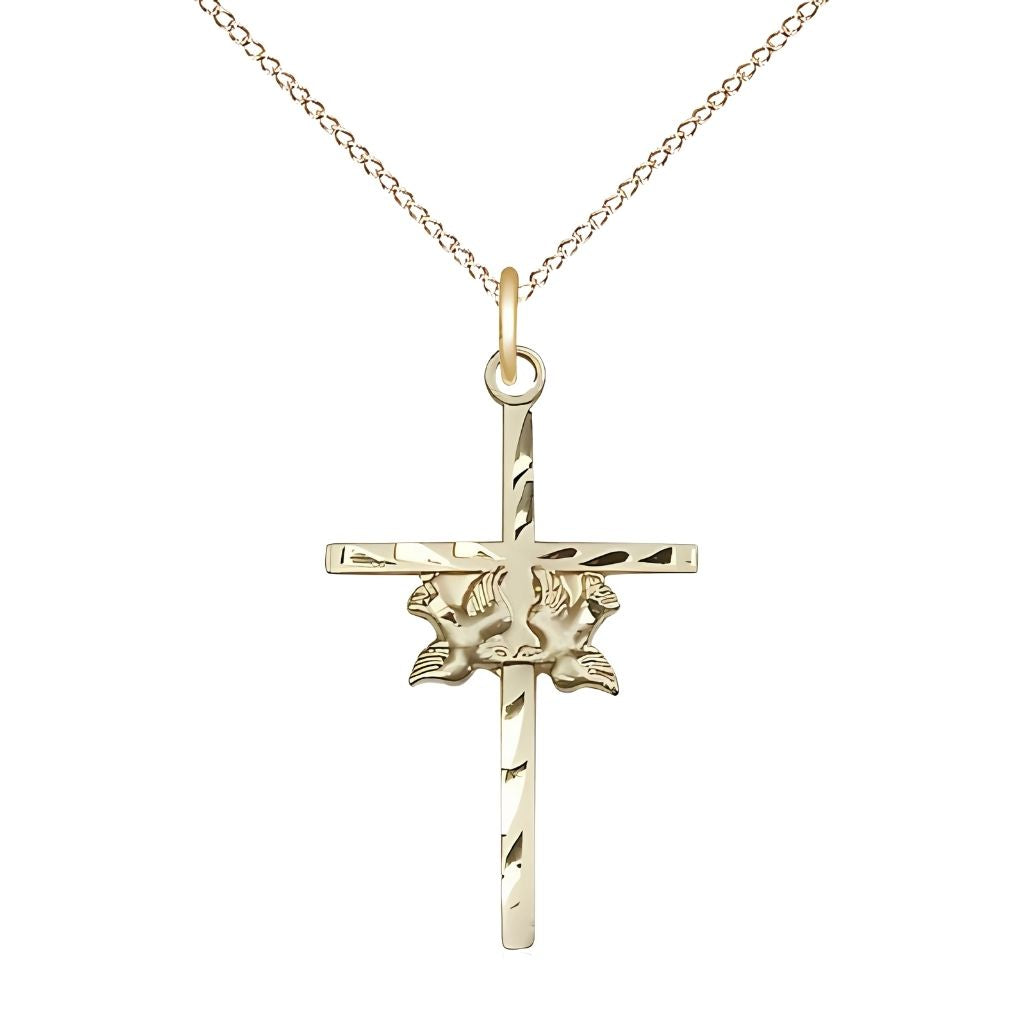 Bliss Two Dove Cross 14kt Gold-filled Medal Necklace with Gold-filled Light Curb Chain, Medal Measures 1-inch tall by 5/8-inch wide