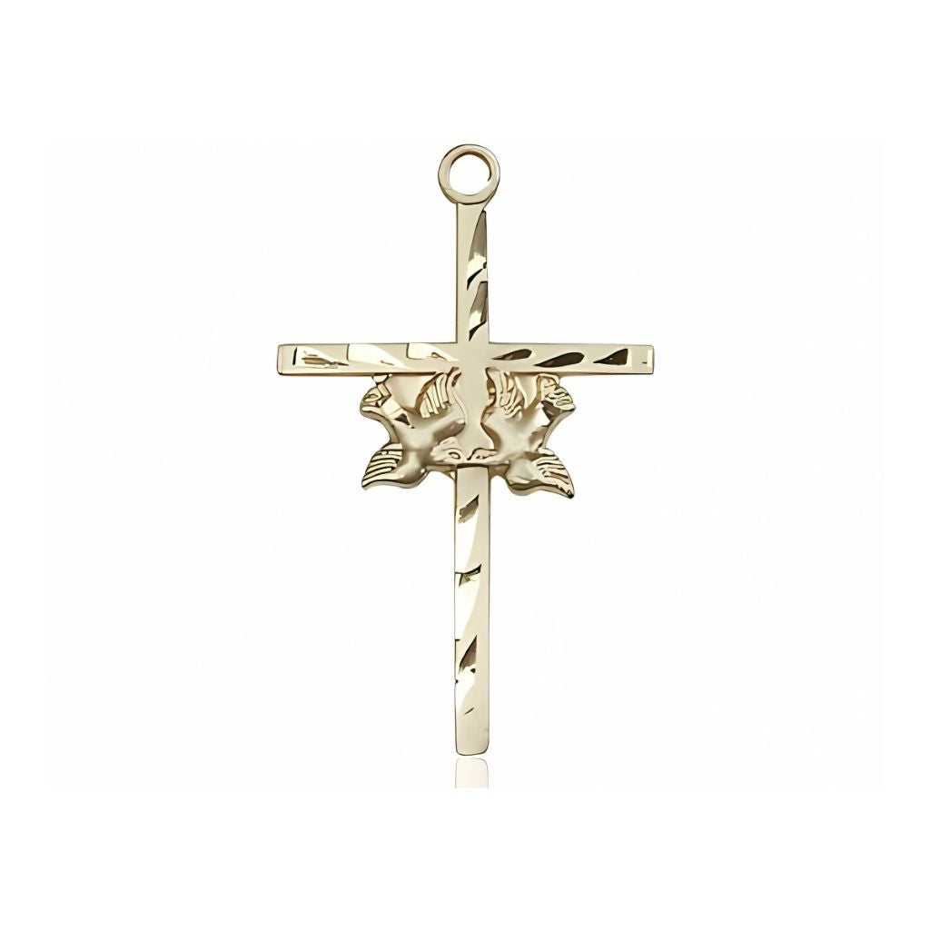Bliss Two Dove Cross 14kt Gold Medal, Medal Measures 1-inch tall by 5/8-inch wide