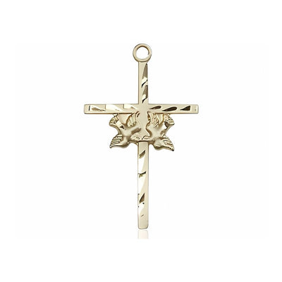 Two Dove Cross 14kt Gold Medal, Medal Measures 1-inch tall by 5/8-inch wide, Bliss Manufacturing