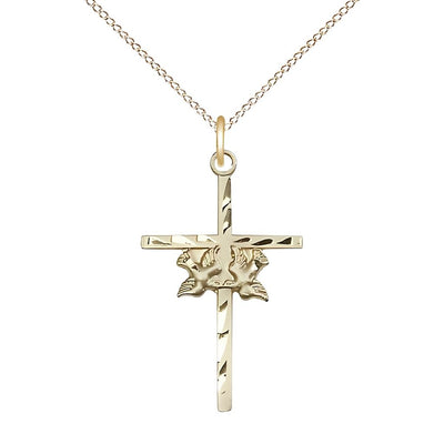 Two Dove Cross 14kt Gold-filled Medal Necklace with 14kt Gold Light Curb Chain, Medal Measures 1-inch tall by 5/8-inch wide, Bliss Manufacturing
