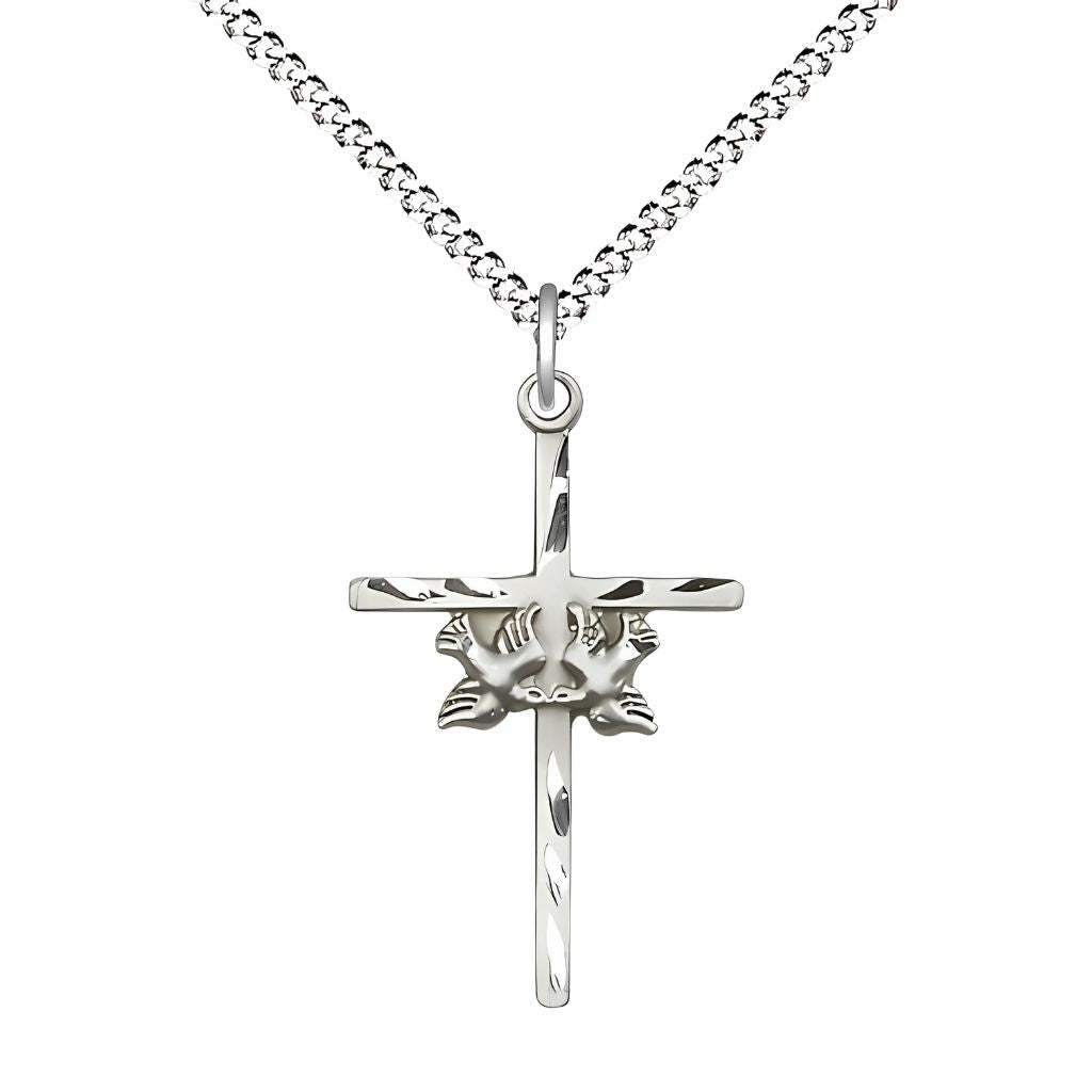 Bliss Two Dove Cross Sterling Silver Medal Necklace with Rhodium-plated Light Curb Chain, Medal Measures 1-inch tall by 5/8-inch wide