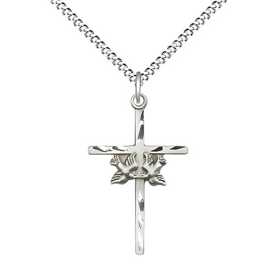 Two Dove Cross Sterling Silver Medal Necklace with Rhodium-plated Light Curb Chain, Medal Measures 1-inch tall by 5/8-inch wide, Bliss Manufacturing