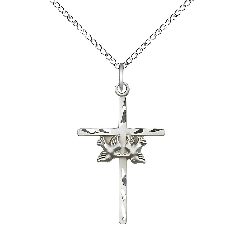 Bliss Two Dove Cross Sterling Silver Medal Necklace with Sterling Silver Light Curb Chain, Medal Measures 1-inch tall by 5/8-inch wide