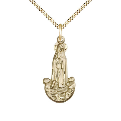 Our Lady of Fatima Figure Shape 14kt Gold-filled Pendant Necklace with Light Gold-plated 18" Chain, Measures 1-inch tall by 1/2-inch wide, Bliss Manufacturing