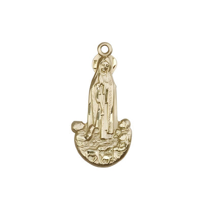 Our Lady of Fatima Figure Shape 14kt Gold Pendant, Measures 1-inch tall by 1/2-inch wide, Bliss Manufacturing