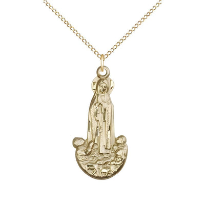 Our Lady of Fatima Figure Shape 14kt Gold Pendant Necklace with Light 14kt Gold 18" Chain, Measures 1-inch tall by 1/2-inch wide, Bliss Manufacturing