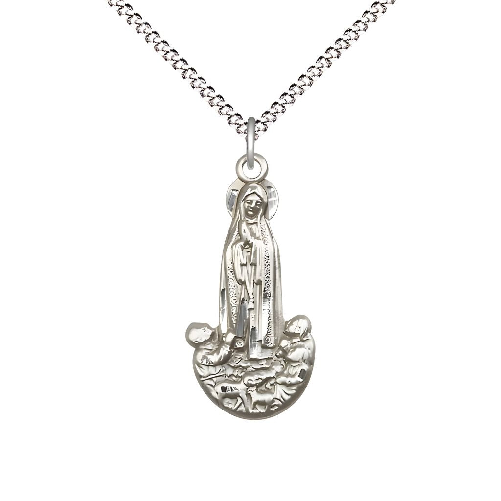 Bliss Our Lady of Fatima Figure Shape Sterling Silver Pendant Necklace with Light Rhodium-plated 18" Chain, Measures 1-inch tall by 1/2-inch wide.