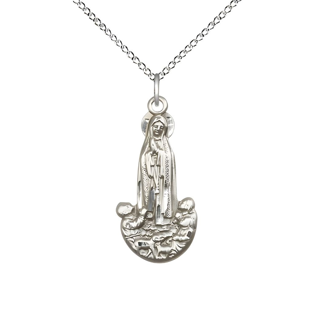 Bliss Our Lady of Fatima Figure Shape Sterling Silver Pendant Necklace with Light Sterling Silver 18" Chain, Measures 1-inch tall by 1/2-inch wide.