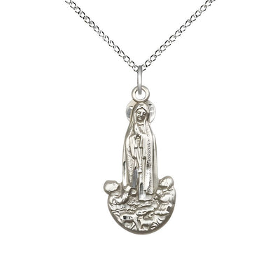 Our Lady of Fatima Figure Shape Sterling Silver Pendant Necklace with Light Sterling Silver 18" Chain, Measures 1-inch tall by 1/2-inch wide, Bliss Manufacturing