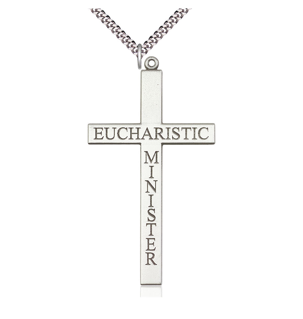 Bliss Sterling Silver Eucharistic Minister Cross Pendant on a Light Rhodium Heavy Curb Chain,