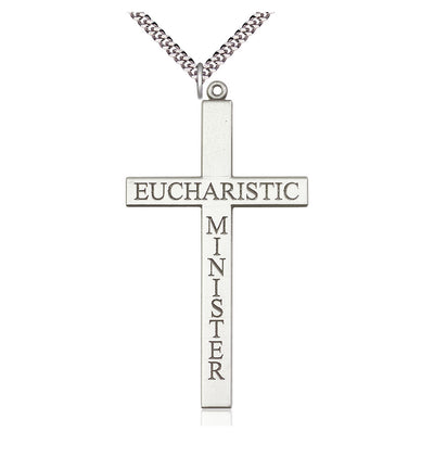 Sterling Silver Eucharistic Minister Cross Pendant on a Light Rhodium Heavy Curb Chain, Bliss Manufacturing