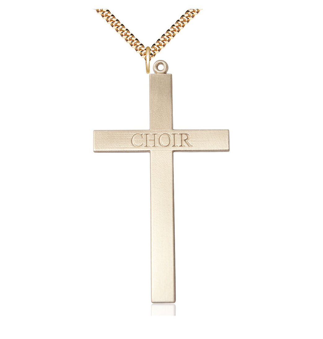 Bliss Manufacturing 14kt Gold Filled Choir Cross Pendant on a Gold Plate Heavy Curb Chain,