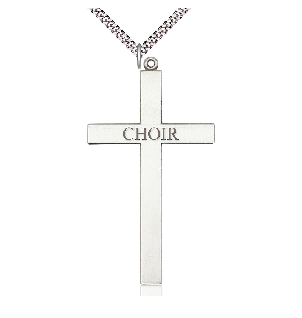 Bliss Manufacturing Sterling Silver Choir Cross Pendant on a Light Rhodium Heavy Curb Chain,