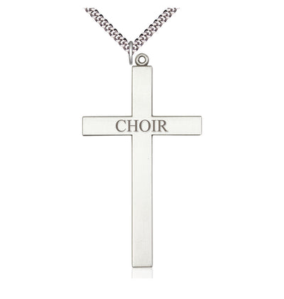 Sterling Silver Choir Cross Pendant on a Light Rhodium Heavy Curb Chain, Bliss Manufacturing