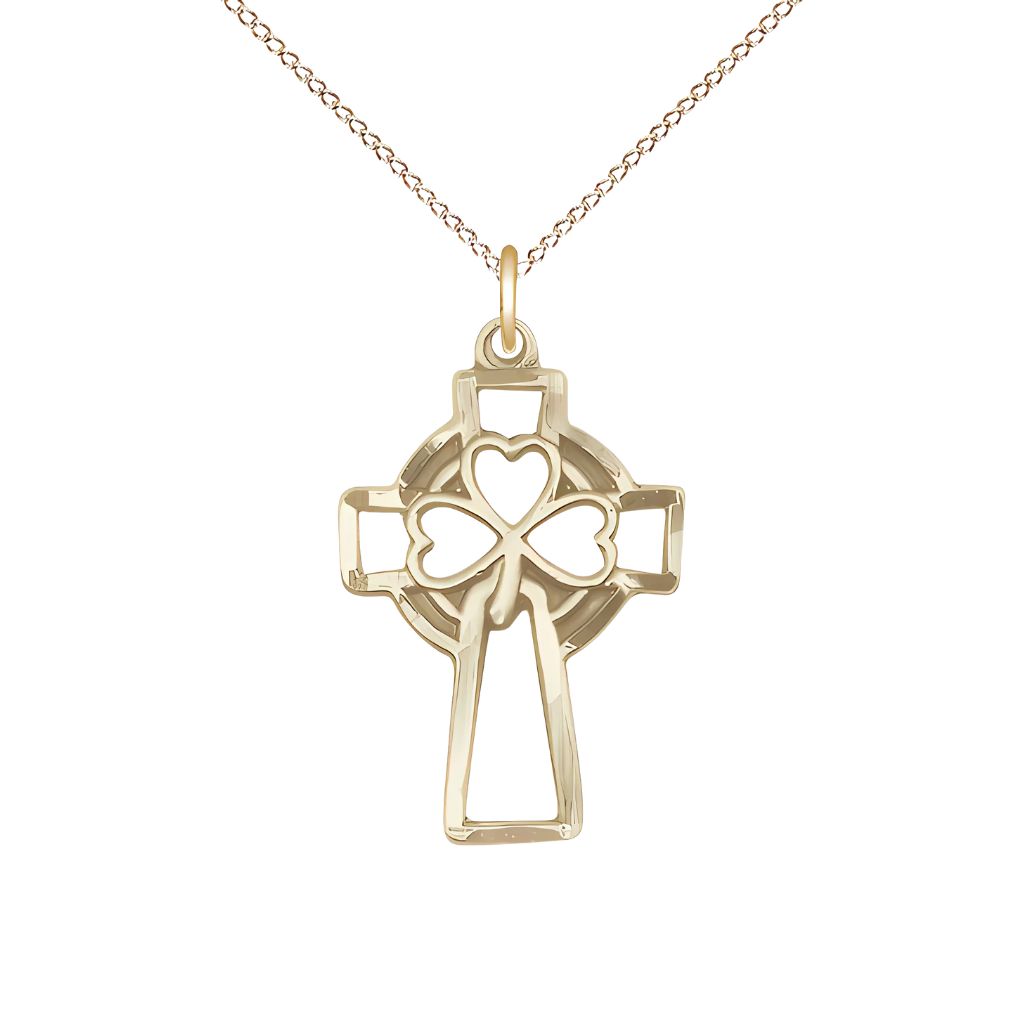 Bliss Shamrock Three Clover Cross Gold-filled Medal Necklace with Gold-filled Chain, 1 X 5/8