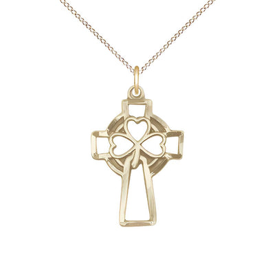 Shamrock Three Clover Cross 14kt Gold Medal Necklace with 14kt Gold Chain, 1 X 5/8, Bliss Manufacturing