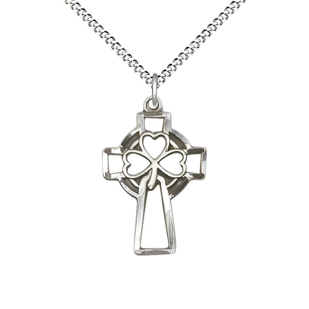 Bliss Shamrock Three Clover Cross Sterling Silver Medal Necklace with Plated Chain, 1 X 5/8