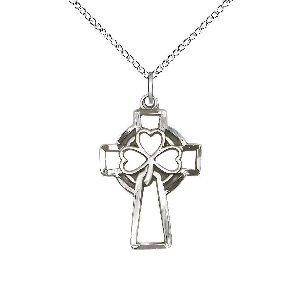 Bliss Shamrock Three Clover Cross Sterling Silver Medal Necklace with Sterling Silver Chain, 1 X 5/8