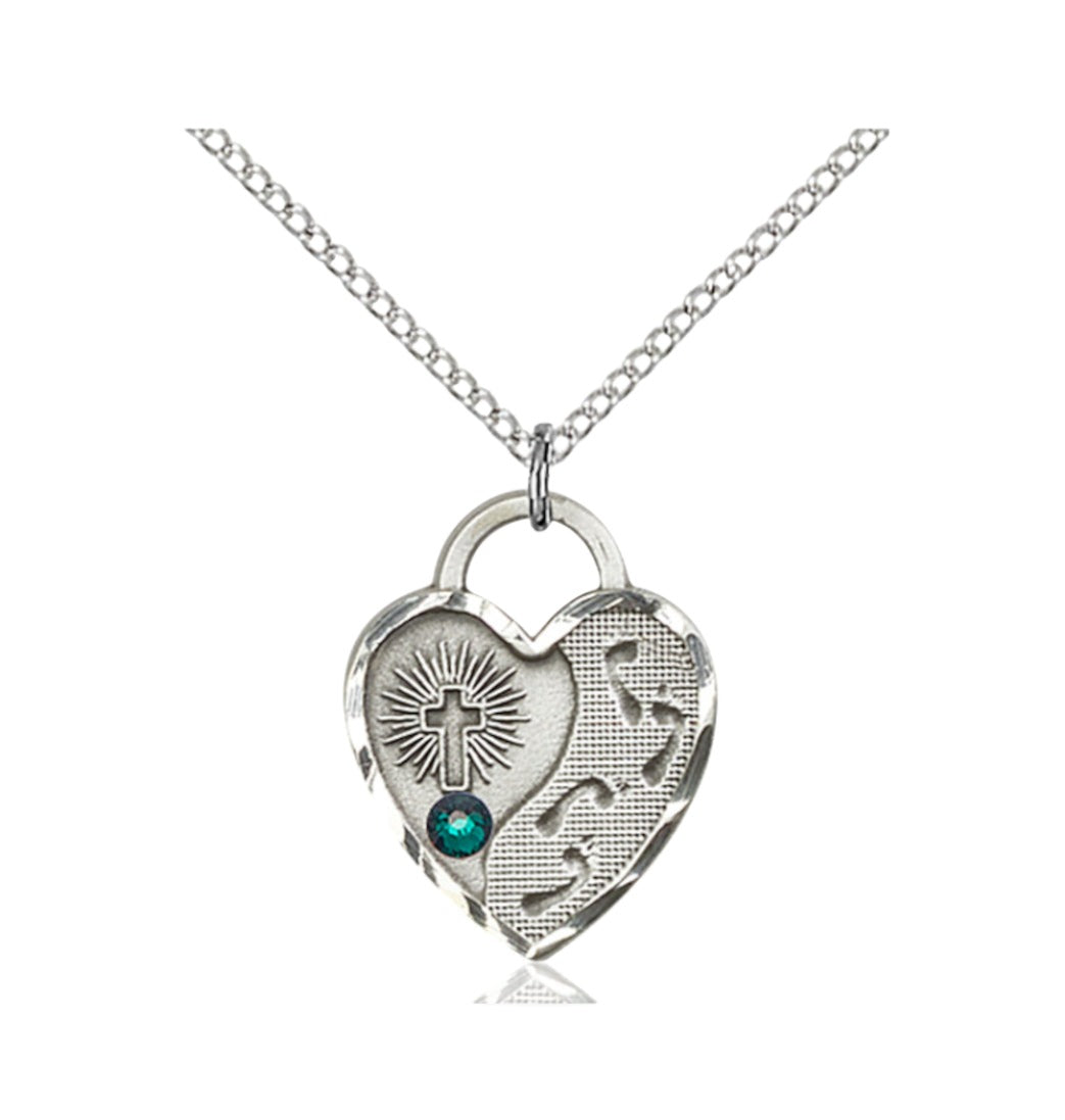 May Emerald  Birthstone Sterling Silver Footprints Heart Pendant w/Austrian Crystal