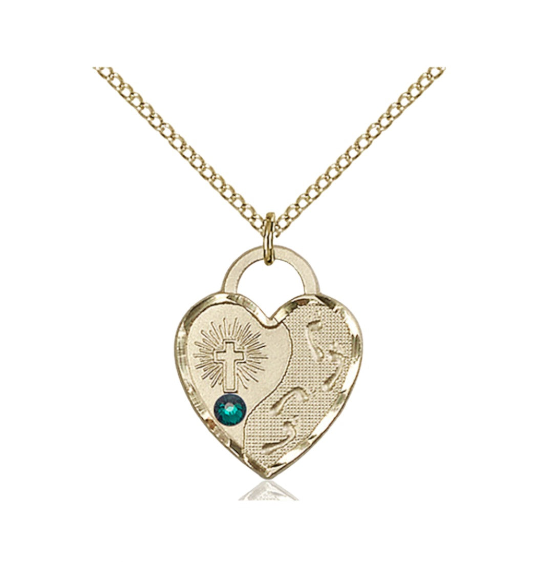 Emerald Birthstone Gold-filled Footprints Heart Pendant w/Austrian Crystal