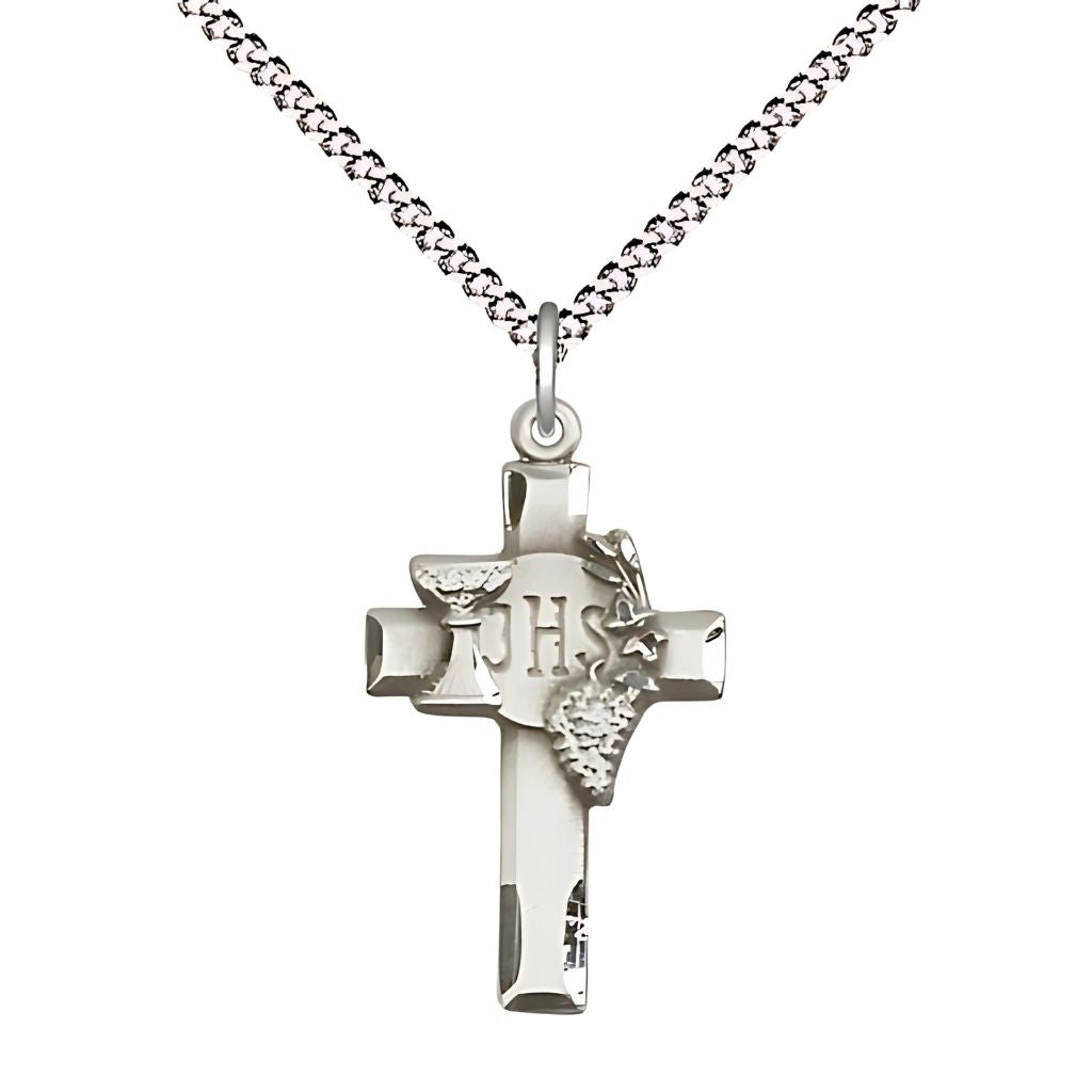 Bliss Communion Pewter Cross pendant, featuring the Chalice, Grapes, and IHS medal with plated chain,