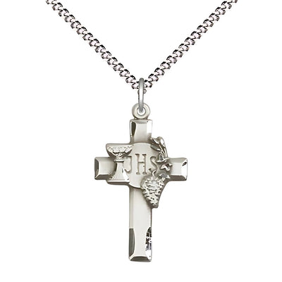 Communion Sterling Silver Cross pendant, featuring the Chalice, Grapes, and IHS medal with plated chain, Bliss Manufacturing