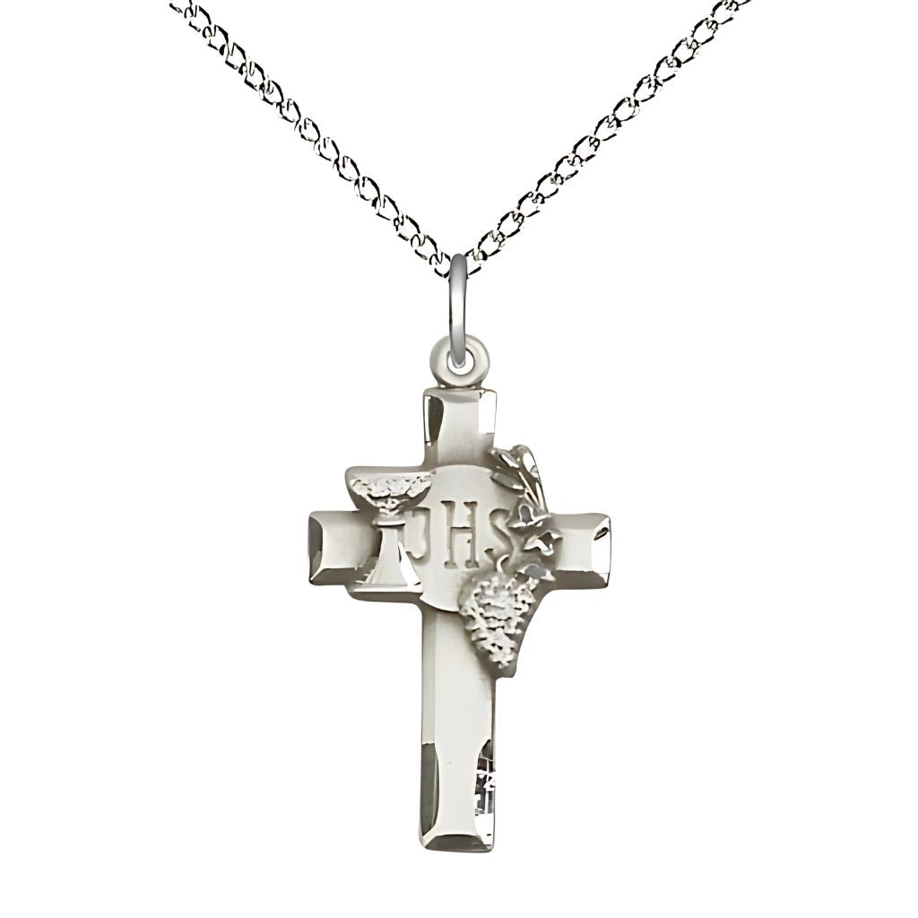 Bliss Communion Sterling Silver Cross pendant, featuring the Chalice, Grapes, and IHS medal with sterling silver light curb chain,
