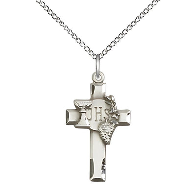 Communion Sterling Silver Cross pendant, featuring the Chalice, Grapes, and IHS medal with sterling silver light curb chain, Bliss Manufacturing