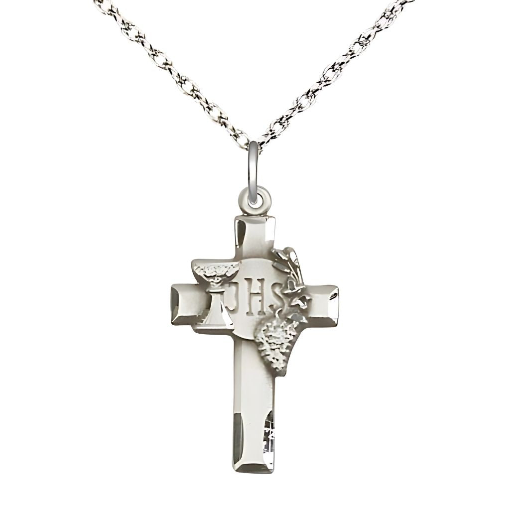 Bliss Communion Sterling Silver Cross pendant, featuring the Chalice, Grapes, and IHS medal with sterling silver light rope chain,