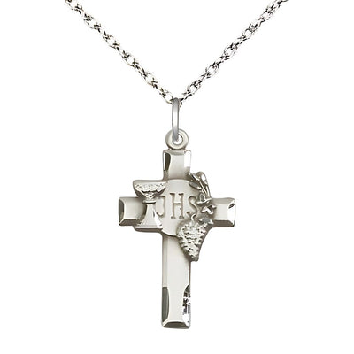 Communion Sterling Silver Cross pendant, featuring the Chalice, Grapes, and IHS medal with sterling silver light rope chain, Bliss Manufacturing